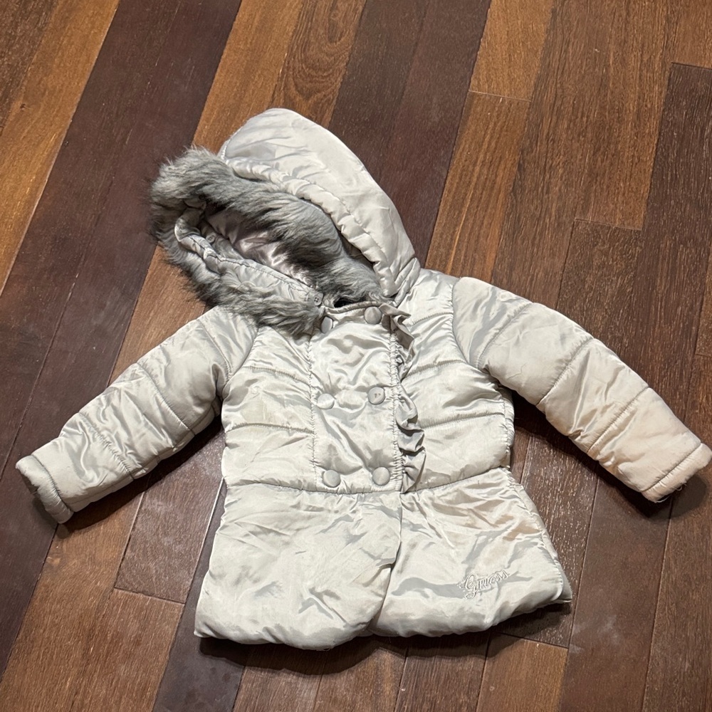 Guess Shiny Silver Puffer Coat